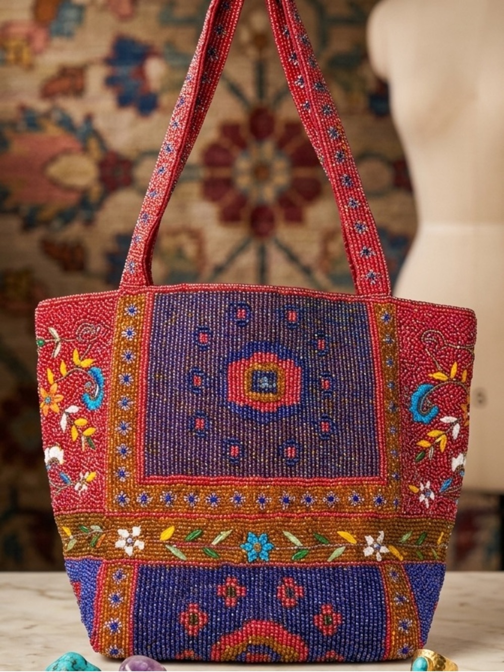 Vintage Ermo Collection Glass Seed Beaded Bag Print Purse Handbag NWT